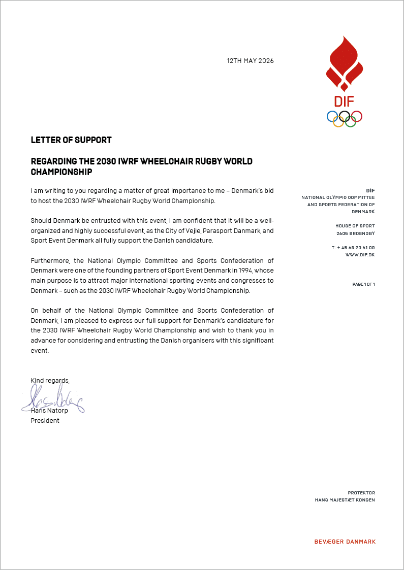 A letter of support for the Danish Cycling team. Description generated by AI